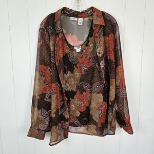 Womens 1X Sheer Button Up Blouse And Tank Set Brown Paisley Print Long Sleeve